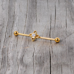 14G Clear CZ Gem Gold Tone Open Flower Industrial Barbell 38mm