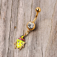 Clear Gem Gold Tone Green Witch Halloween Dangle Belly Ring