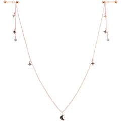 14G 9/16 Black Gem Rose Gold Tone Moon Dangle Nipple Chain