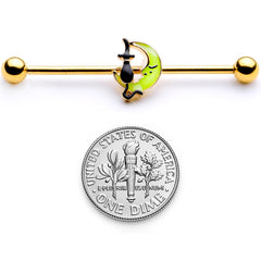 14G Gold Tone Black Cat Moon Halloween Industrial Barbell 38mm