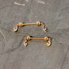 14G 9/16 Clear Gem Gold Tone Moon Dangle Barbell Nipple Ring Set