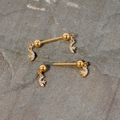 14G 9/16 Clear Gem Gold Tone Moon Dangle Barbell Nipple Ring Set