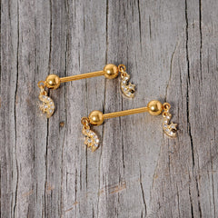 14G 9/16 Clear Gem Gold Tone Moon Dangle Barbell Nipple Ring Set