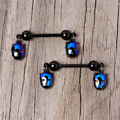 14G 9/16 Blue Gem Sugar Skull Halloween Dangle Nipple Ring Set