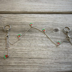 14G 9/16 Clear Gem Watermelon Captive Ring Dangle Nipple Chain