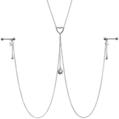 14G 5/8 Clear Gem Sun Heart Star Nipple Chain Necklace