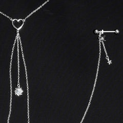 14G 5/8 Clear Gem Sun Heart Star Nipple Chain Necklace