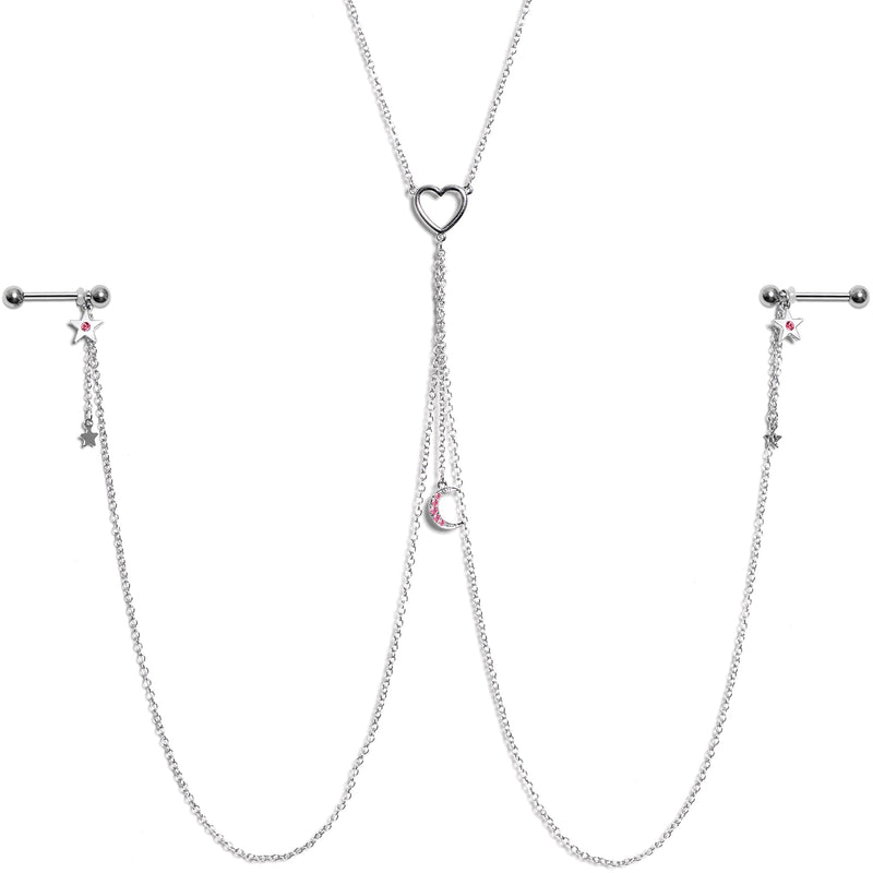 14G 5/8 Pink Gem Moon Heart Star Nipple Chain Necklace