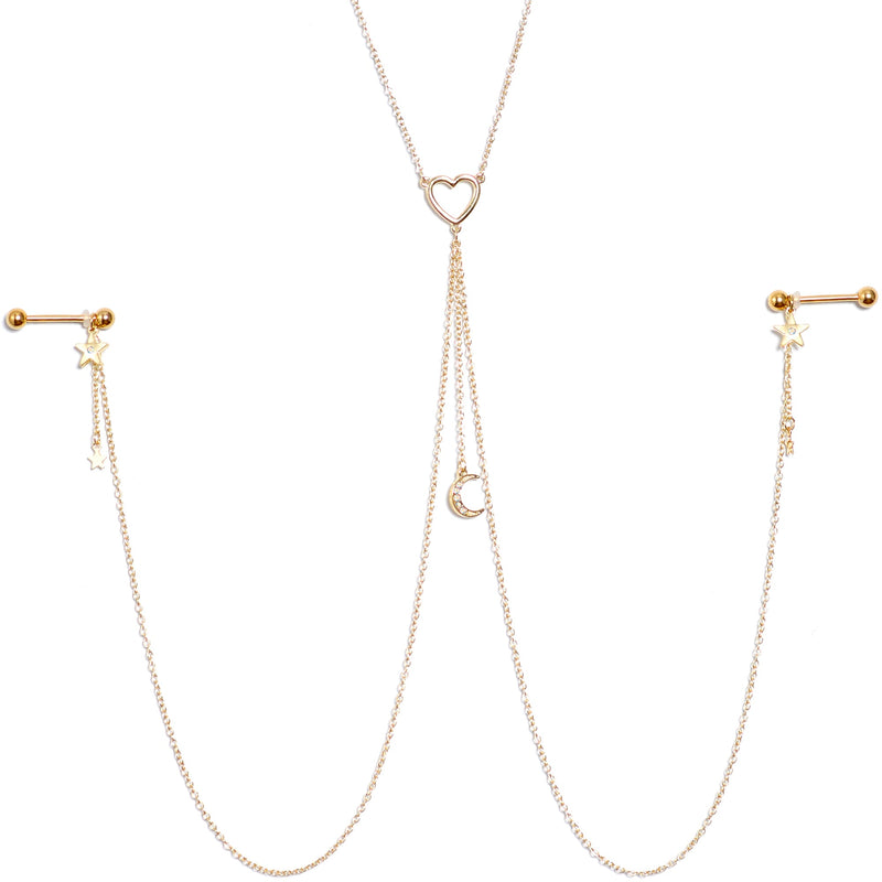 14G 5/8 Aurora Gem Gold Tone Heart Star Nipple Chain Necklace