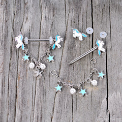 14G 5/8 Blue White Unicorn Star Chain Dangle Nipple Ring Set