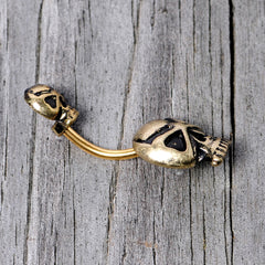 Gold Tone Scary Double Skull Halloween Double Mount Belly Ring