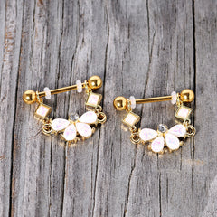 14G 5/8 White Faux Opal Gold Tone Bow Dangle Nipple Ring Set