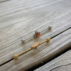 14G Clear CZ Gem Gold Tone Texture Industrial Barbell 38mm