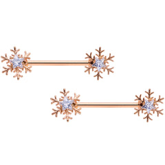 14G 5/8 Clear Gem Rose Gold Hue Snowflake Barbell Nipple Ring Set