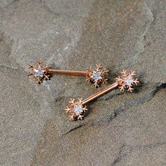 14G 5/8 Clear Gem Rose Gold Hue Snowflake Barbell Nipple Ring Set