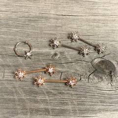 14G 5/8 Clear Gem Rose Gold Hue Snowflake Barbell Nipple Ring Set