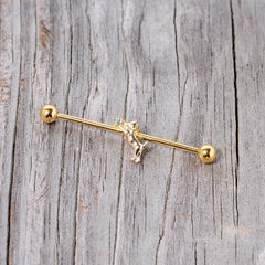 14G Blue Gem Gold Tone Leaping Cat Industrial Barbell 38mm