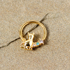 16G 3/8 Blue Clear Gem Gold Tone Cat Hinged Segment Ring
