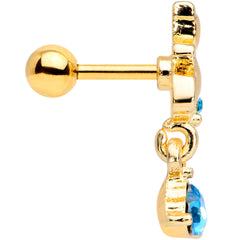 16G 1/4 Blue Gem Gold Tone Cat Heart Dangle Cartilage Tragus