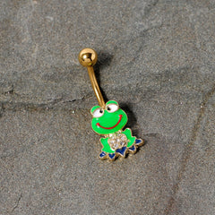 Clear Gem Gold Tone Green Goofy Frog Belly Ring