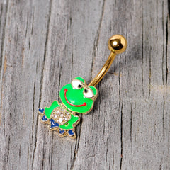 Clear Gem Gold Tone Green Goofy Frog Belly Ring