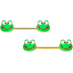 14G 9/16 Gold Tone Green Goofy Frog Barbell Nipple Ring Set