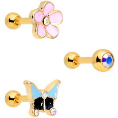16G 1/4 Aurora Gem Gold Tone Flower Cartilage Tragus Set of 3