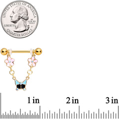 14G 5/8 Aurora Gem Gold Tone Flower Dangle Nipple Ring Set