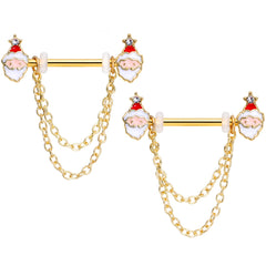 14G 5/8 Clear Gem Gold Tone Santa Dangle Nipple Ring Set