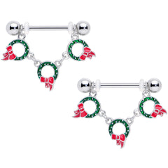 14G 5/8 Holiday Wreath Christmas Chain Dangle Nipple Ring Set