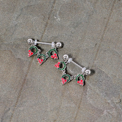 14G 5/8 Holiday Wreath Christmas Chain Dangle Nipple Ring Set