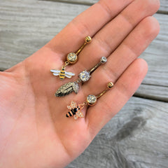 Black Clear Gem Rose Gold Tone Bee Dangle Belly Ring