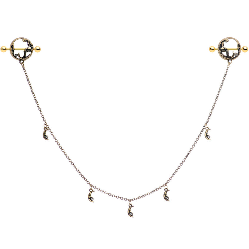 14G Clear Gem Gold Tone Moon Mermaid Nipple Shield Dangle Chain
