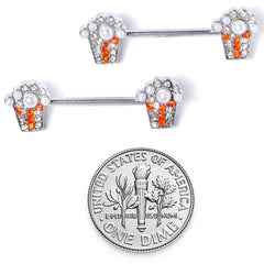 14G 9/16 White Orb Movie Night Popcorn Barbell Nipple Ring Set