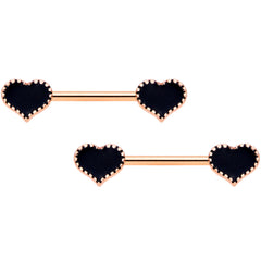 14G 9/16 Rose Gold Tone Black Heart Barbell Nipple Ring Set