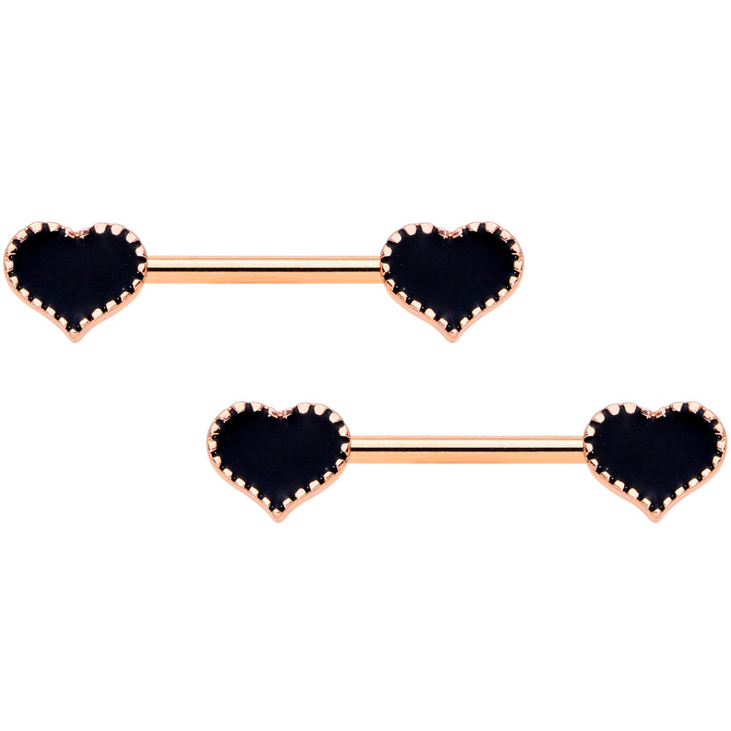 14G 9/16 Rose Gold Tone Black Heart Barbell Nipple Ring Set