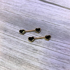 14G 9/16 Rose Gold Tone Black Heart Barbell Nipple Ring Set