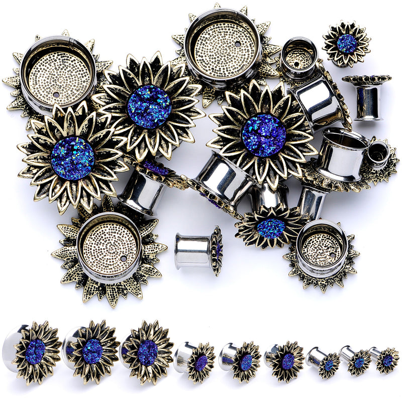Blue Faux Druzy Sunburst Flower Double Flare Plug Set 2G to 1