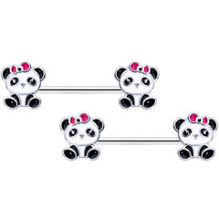 14G 9/16 Black White Precious Panda Barbell Nipple Ring Set