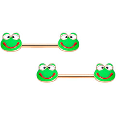 14G 9/16 Rose Gold Tone Green Goofy Frog Barbell Nipple Ring Set