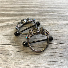 14G 7/8 Aurora Gem Black Winged Skull Halloween Nipple Shield Set