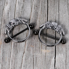 14G 7/8 Clear Gem Black Winged Skull Halloween Nipple Shield Set