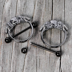 14G 7/8 Clear Gem Black Winged Skull Halloween Nipple Shield Set