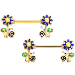 14G 9/16 Gold Tone Snail Flower Barbell Nipple Ring Set