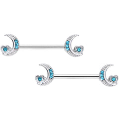 14G 9/16 Blue CZ Gem Crescent Moon Heart Barbell Nipple Ring Set