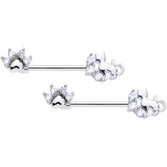 14G 9/16 Clear CZ Gem Paw Print Cat Barbell Nipple Ring Set