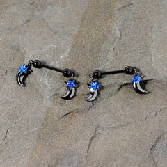 14G 9/16 Blue Gem Star Moon Dangle Nipple Ring Set