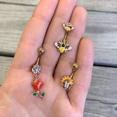 Clear Gem Rose Gold Tone Valentines Day Red Rose Dangle Belly Ring