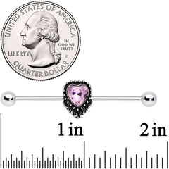 14G Pink Gem Regal Textured Heart Industrial Barbell 38mm