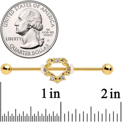 14G Clear CZ Gem Gold Tone Ornate Heart Industrial Barbell 38mm